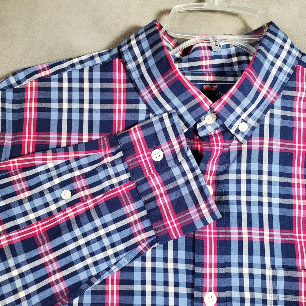 Vineyard Vines Shirt Mens M Blue Pink Plaid Murray Slim Fit Preppy Classic Coast